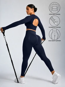 SHEIN Sports Women Solid Color Open Back Seamless Sports Set Gym Set Workout Women Set Women Leggings Setgym Set - Navy Blue - View 2