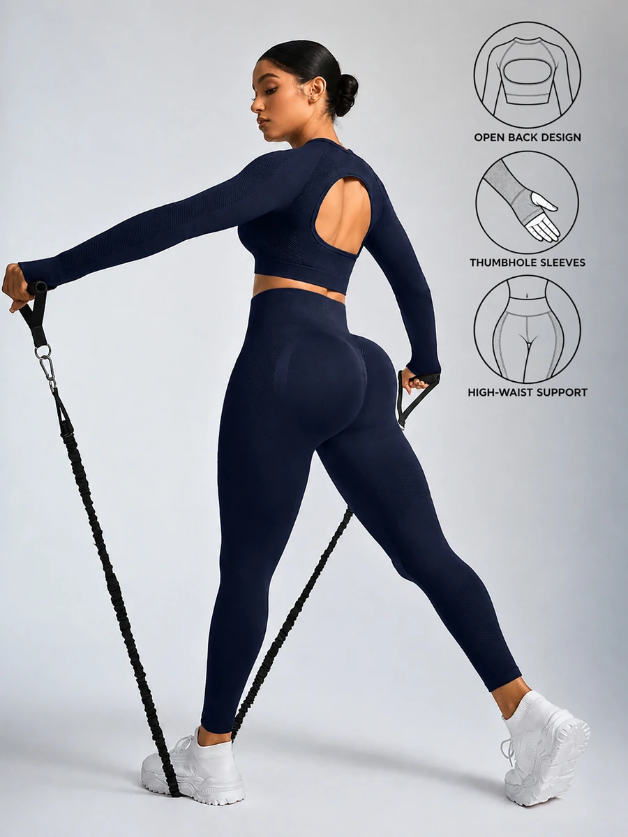 SHEIN Sports Women Solid Color Open Back Seamless Sports Set Gym Set Workout Women Set Women Leggings Setgym Set