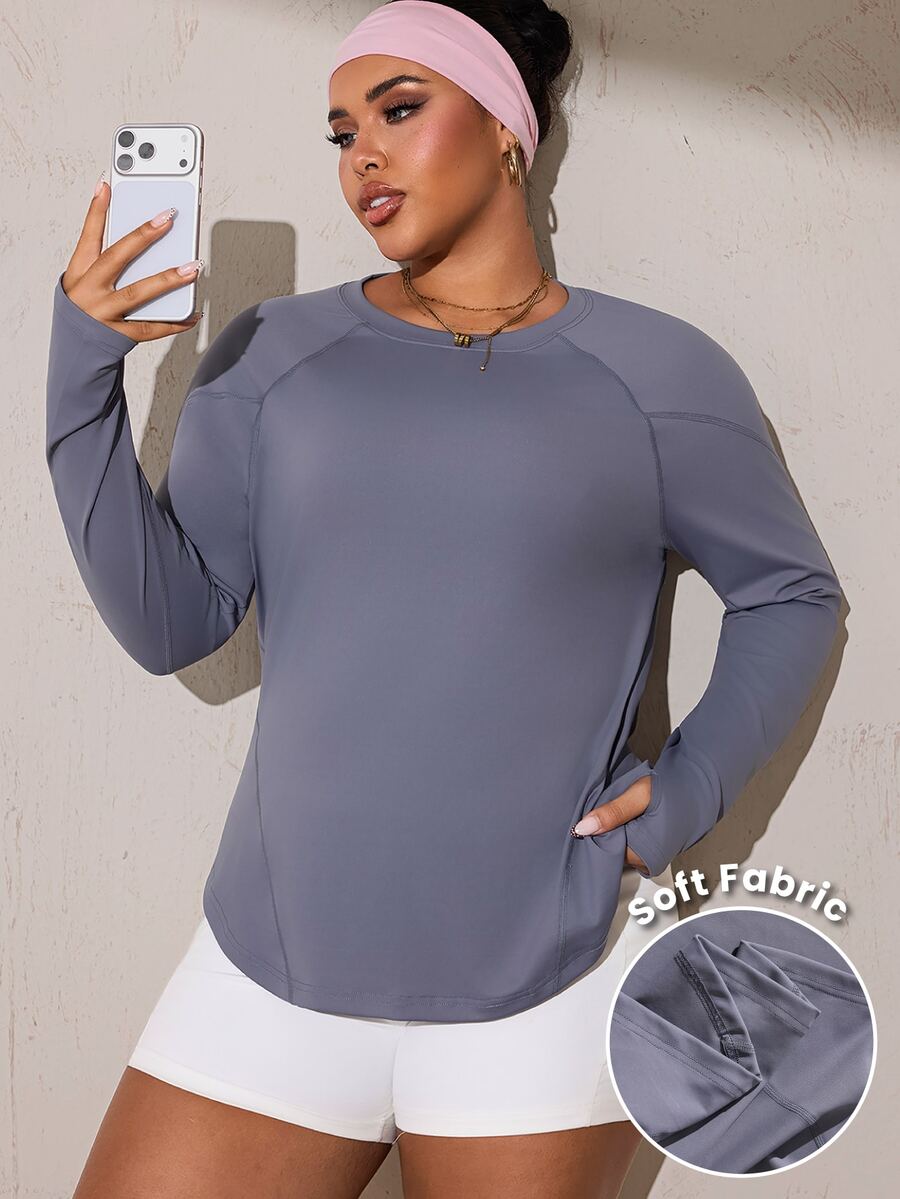 Easithlete Sweatshirt Lengan Panjang Kerah Bulat Warna Polos Ukuran Besar untuk Musim Gugur - Grey - View 1