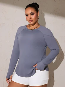 Easithlete Sweatshirt Lengan Panjang Kerah Bulat Warna Polos Ukuran Besar untuk Musim Gugur - Grey - View 6