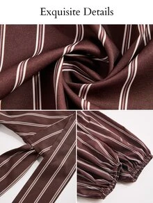 SOLERSUN Women's Diagonal Striped Wrap V Neck Balloon Long Sleeve Self Tie BlousePerfect Vacations And Parties - Brown - View 10