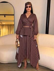 SOLERSUN Women's Diagonal Striped Wrap V Neck Balloon Long Sleeve Self Tie BlousePerfect Vacations And Parties - Brown - View 1