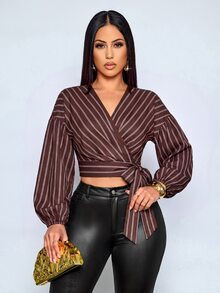 SOLERSUN Women's Diagonal Striped Wrap V Neck Balloon Long Sleeve Self Tie BlousePerfect Vacations And Parties - Brown - View 6