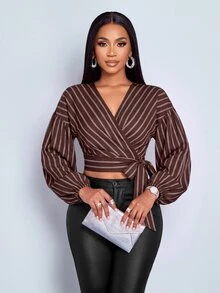 SOLERSUN Women's Diagonal Striped Wrap V Neck Balloon Long Sleeve Self Tie BlousePerfect Vacations And Parties - Brown - View 8
