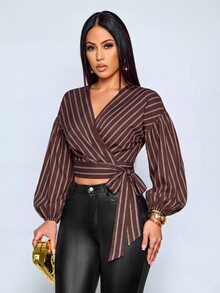 SOLERSUN Women's Diagonal Striped Wrap V Neck Balloon Long Sleeve Self Tie BlousePerfect Vacations And Parties - Brown - View 7