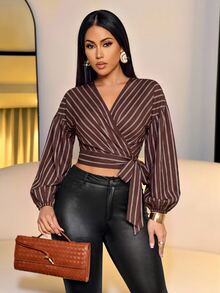 SOLERSUN Women's Diagonal Striped Wrap V Neck Balloon Long Sleeve Self Tie BlousePerfect Vacations And Parties - Brown - View 9