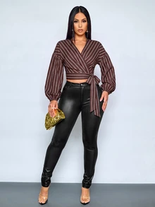 SOLERSUN Women's Diagonal Striped Wrap V Neck Balloon Long Sleeve Self Tie BlousePerfect Vacations And Parties - Brown - View 3