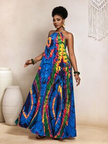 BamGleam Blue And Yellow Print Backless Dress With Pockets, Summer, Boho Tropical, Beach Brunch Vacation, Holiday Outfits For Women, Summer - Multicolor - View 8