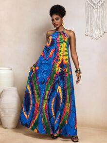 BamGleam Blue And Yellow Print Backless Dress With Pockets, Summer, Boho Tropical, Beach Brunch Vacation, Holiday Outfits For Women, Summer - Multicolor - View 9