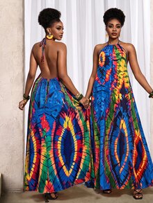 BamGleam Blue And Yellow Print Backless Dress With Pockets, Summer, Boho Tropical, Beach Brunch Vacation, Holiday Outfits For Women, Summer - Multicolor - View 2