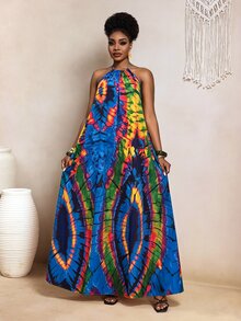 BamGleam Blue And Yellow Print Backless Dress With Pockets, Summer, Boho Tropical, Beach Brunch Vacation, Holiday Outfits For Women, Summer - Multicolor - View 4
