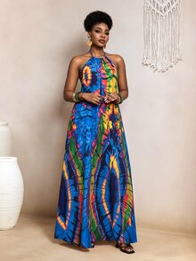 BamGleam Blue And Yellow Print Backless Dress With Pockets, Summer, Boho Tropical, Beach Brunch Vacation, Holiday Outfits For Women, Summer - Multicolor - View 5