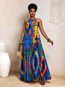 BamGleam Blue And Yellow Print Backless Dress With Pockets, Summer, Boho Tropical, Beach Brunch Vacation, Holiday Outfits For Women, Summer - Multicolor - View 7