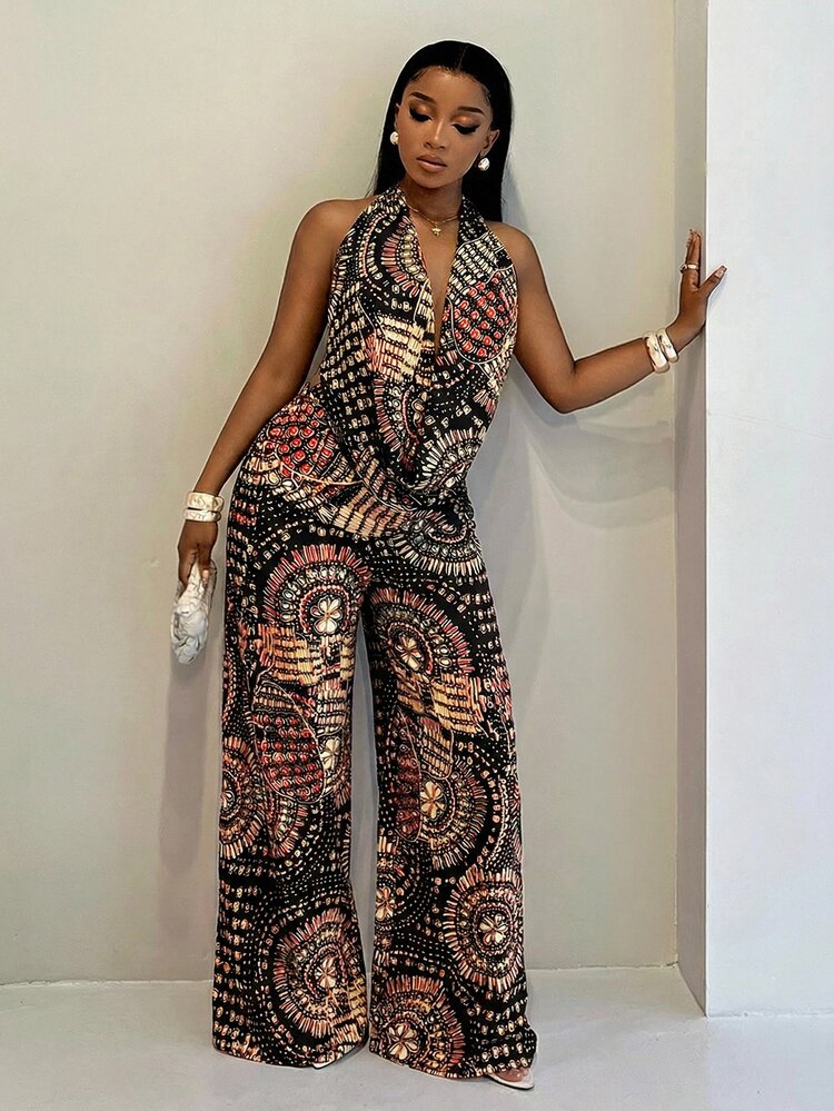BamGleam Women's Vintage All-Over Print Halter Top And Pants 2 Pieces Set, Summer - Black - View 8