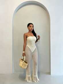 BamGleam 米色网眼胸衣连体裤，流苏下摆透视镂空长袖夜店风连体裤 - 杏色 - 查看 3