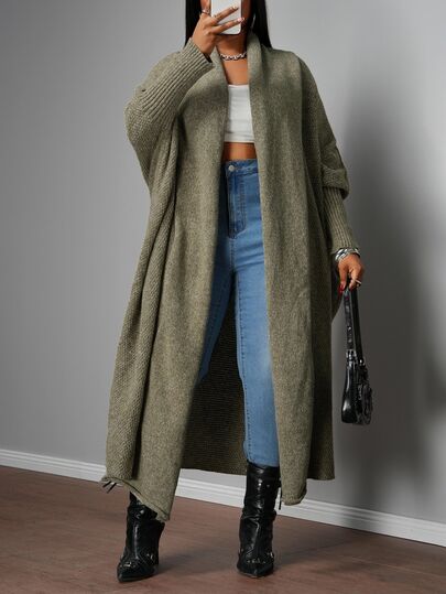 Slaydiva Women's Plus Size Casual Celestial Olive Green Knitted Cardigan Sweater Autumn Everyday Loose Batwing Sleeve Mid-Length Plus Size Outerwear Vacation