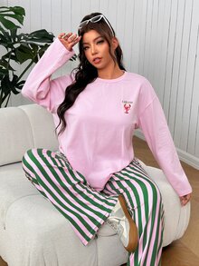 SHEIN EZwear Set Kasual Wanita Ukuran Besar Motif Huruf & Lobster dan Celana Bergaris untuk Musim Gugur - MultiWarna - View 2