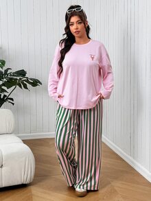 SHEIN EZwear Set Kasual Wanita Ukuran Besar Motif Huruf & Lobster dan Celana Bergaris untuk Musim Gugur - MultiWarna - View 3