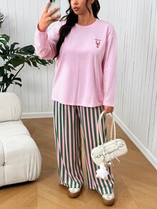 SHEIN EZwear Set Kasual Wanita Ukuran Besar Motif Huruf & Lobster dan Celana Bergaris untuk Musim Gugur - MultiWarna - View 5