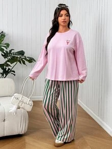 SHEIN EZwear Set Kasual Wanita Ukuran Besar Motif Huruf & Lobster dan Celana Bergaris untuk Musim Gugur - MultiWarna - View 4