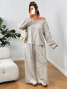 SHEIN EZwear Setelan 2 Potong Atasan Lengan Panjang Motif Leopard Ukuran Plus untuk Musim Gugur - MultiWarna - View 6