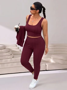 Solflare Plus Size Casual Tank Top And Leggings With Long Sleeve T-Shirt Set - Coffee Brown - View 6