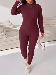 Solflare Plus Size Casual Tank Top And Leggings With Long Sleeve T-Shirt Set - Coffee Brown - View 9