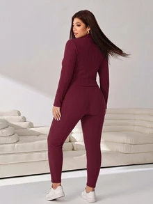 Solflare Plus Size Casual Tank Top And Leggings With Long Sleeve T-Shirt Set - Coffee Brown - View 2