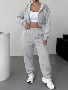 SHEIN EZwear 大尺碼休閒連帽衛衣口袋褲子兩件套 秋季 - 淺灰色 - 查看 6
