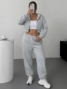 SHEIN EZwear 大尺碼休閒連帽衛衣口袋褲子兩件套 秋季 - 淺灰色 - 查看 4