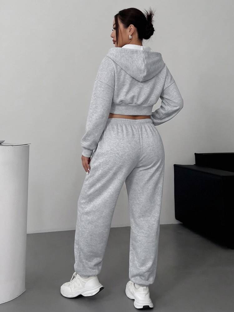SHEIN EZwear Plus Size Casual Hooded Sweatshirt With Pockets And Pants 2 Pieces Set Fall - Light Grey - View 5
