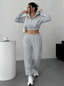 SHEIN EZwear 大尺碼休閒連帽衛衣口袋褲子兩件套 秋季 - 淺灰色 - 查看 3