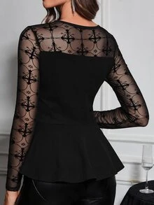 SHEIN Clasi Women's Elegant Party Lace Patchwork Waist-Cinching T-Shirt - Black - View 2