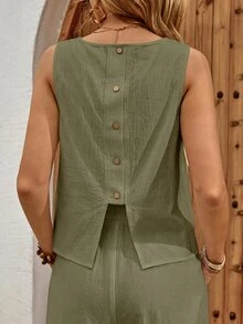 EMERY ROSE Women's Solid Color Back Single-Breasted Button Sleeveless Shirt And Pants Casual Tropical Two Pieces Set Vacation Sage Green Summer - Green - View 5