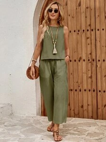 EMERY ROSE Women's Solid Color Back Single-Breasted Button Sleeveless Shirt And Pants Casual Tropical Two Pieces Set Vacation Sage Green Summer - Green - View 7