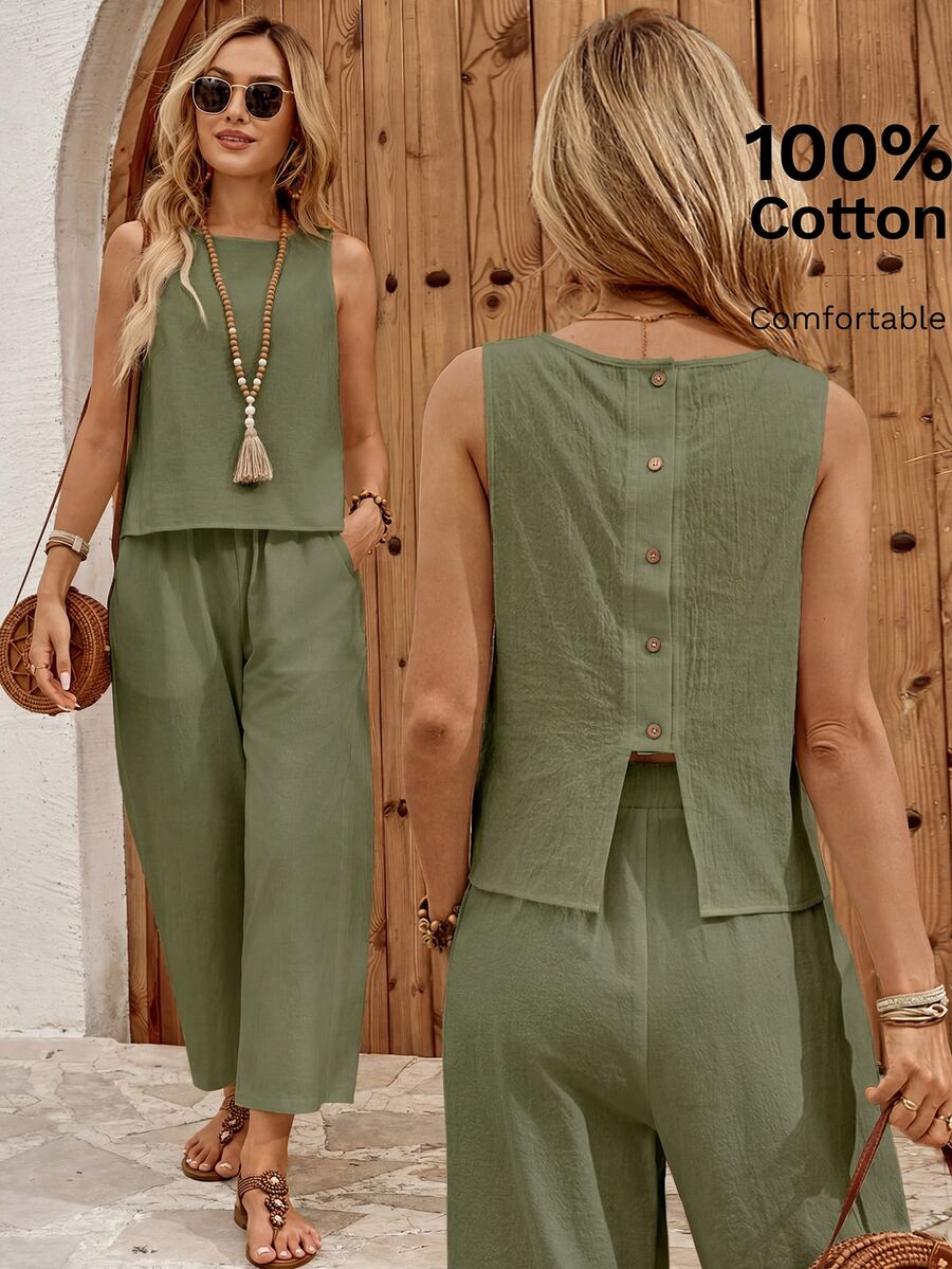 EMERY ROSE Women's Solid Color Back Single-Breasted Button Sleeveless Shirt And Pants Casual Tropical Two Pieces Set Vacation Sage Green Summer - Green - View 1