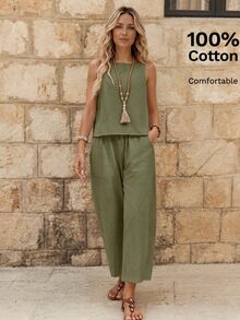 EMERY ROSE Women's Solid Color Back Single-Breasted Button Sleeveless Shirt And Pants Casual Tropical Two Pieces Set Vacation Sage Green Summer - Green - View 3