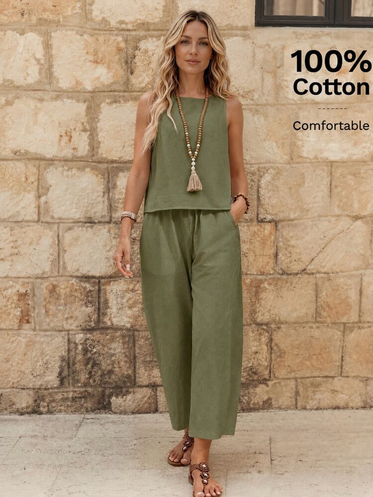 EMERY ROSE Women's Solid Color Back Single-Breasted Button Sleeveless Shirt And Pants Casual Tropical Two Pieces Set Vacation Sage Green Summer - Green - View 3