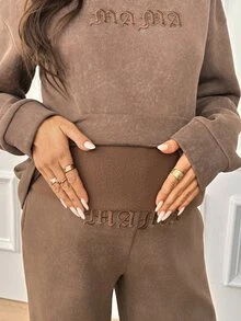 SHEIN Maternity Letter Print Long Sleeve Top And Adjustable Waist Long Pants Casual Everyday 2 Pieces Set Fall - Brown - View 7