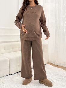 SHEIN Maternity Letter Print Long Sleeve Top And Adjustable Waist Long Pants Casual Everyday 2 Pieces Set Fall - Brown - View 1