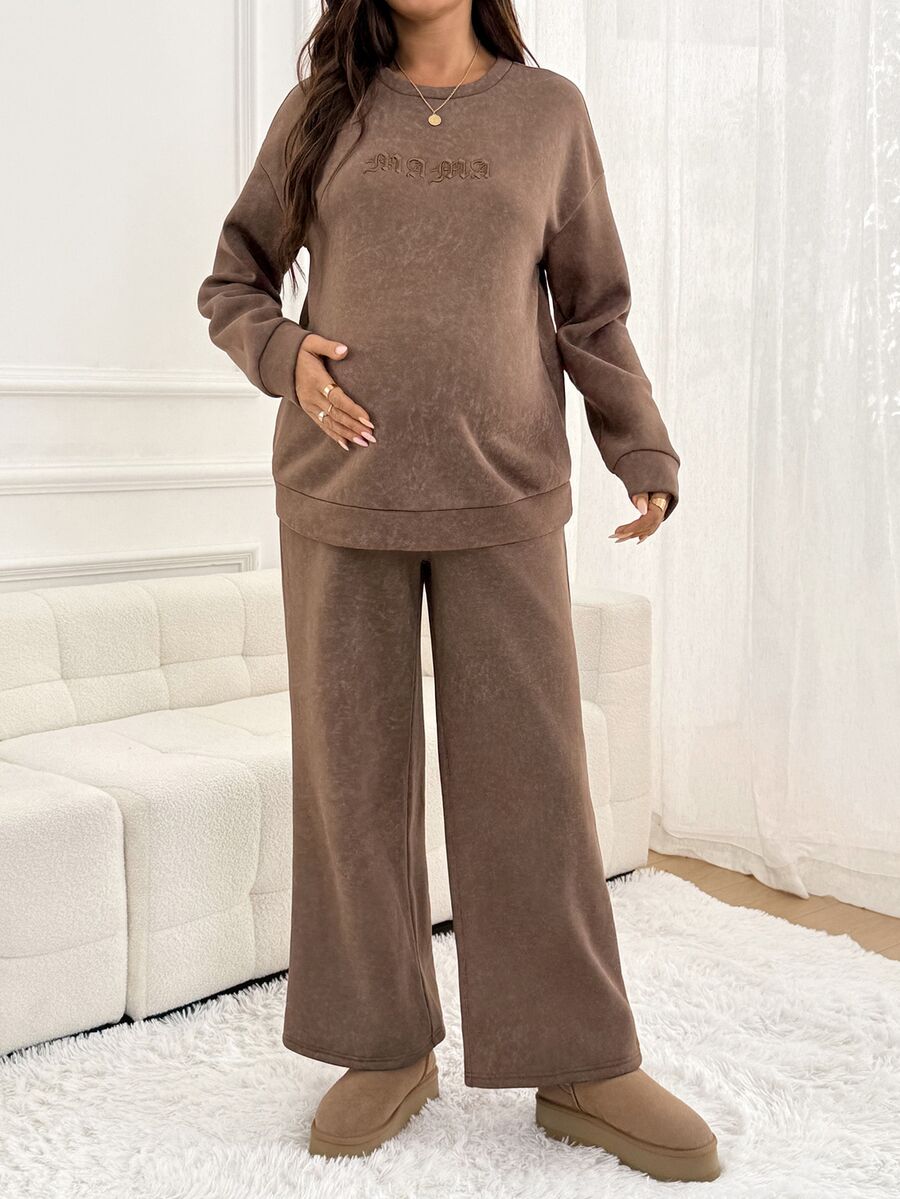 SHEIN Maternity Letter Print Long Sleeve Top And Adjustable Waist Long Pants Casual Everyday 2 Pieces Set Fall - Brown - View 1