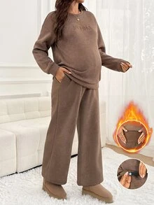 SHEIN Maternity Letter Print Long Sleeve Top And Adjustable Waist Long Pants Casual Everyday 2 Pieces Set Fall - Brown - View 3