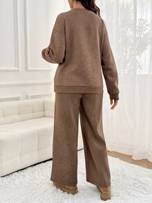 SHEIN Maternity Letter Print Long Sleeve Top And Adjustable Waist Long Pants Casual Everyday 2 Pieces Set Fall - Brown - View 6