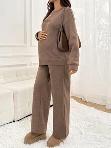 SHEIN Maternity Letter Print Long Sleeve Top And Adjustable Waist Long Pants Casual Everyday 2 Pieces Set Fall - Brown - View 4