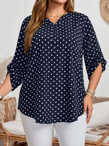Rosumi Plus Size Women's Casual Polka Dot Print Notched Neck Roll-Up Sleeve Fall Blouse - Navy Blue - View 5