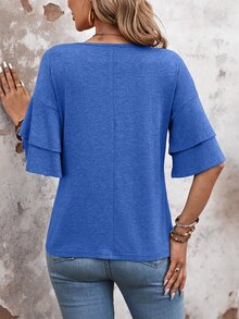 EMERY ROSE Camiseta de mujer con doble capa y cuello de volantes de manga corta - Azul - Ver 2
