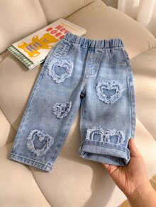 SHEIN Playful Pals Baby Girl Denim Casual Cute Vintage Urban Light Wash Fully Elastic Waist Heart Patch Embroidered Wide Legs Streetwear Zippered Pants Blue And White - Light Wash - View 4
