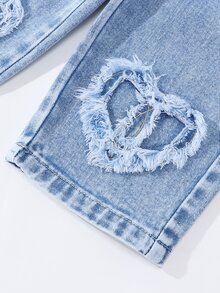 SHEIN Playful Pals Baby Girl Denim Casual Cute Vintage Urban Light Wash Fully Elastic Waist Heart Patch Embroidered Wide Legs Streetwear Zippered Pants Blue And White - Light Wash - View 8