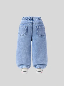 SHEIN Playful Pals Baby Girl Denim Casual Cute Vintage Urban Light Wash Fully Elastic Waist Heart Patch Embroidered Wide Legs Streetwear Zippered Pants Blue And White - Light Wash - View 3
