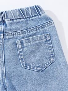 SHEIN Playful Pals Baby Girl Denim Casual Cute Vintage Urban Light Wash Fully Elastic Waist Heart Patch Embroidered Wide Legs Streetwear Zippered Pants Blue And White - Light Wash - View 7